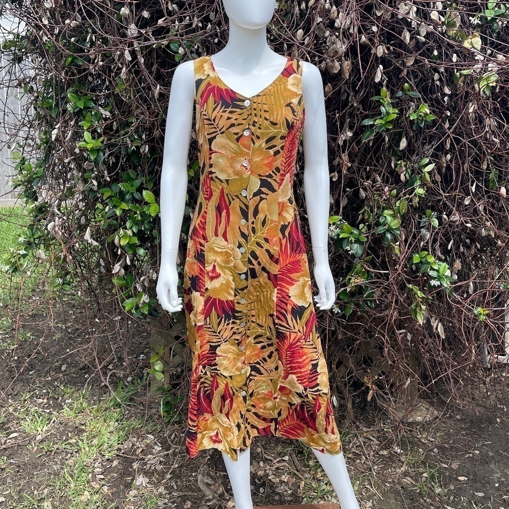 Vintage California Krush Autumn Print Button Down Keyhole Back Maxi Dress